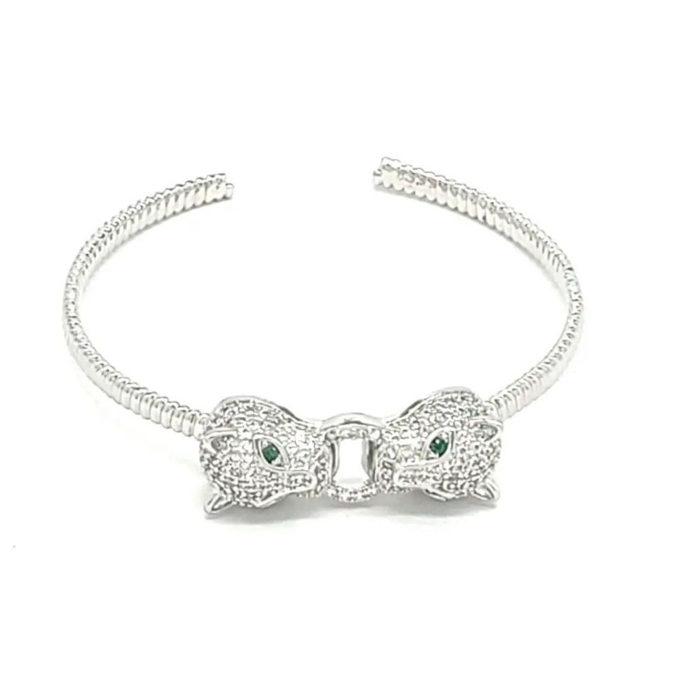 SILVER AND GOLD CUFF BANGLES CAT DESIGN CLEAR GREEN STONES